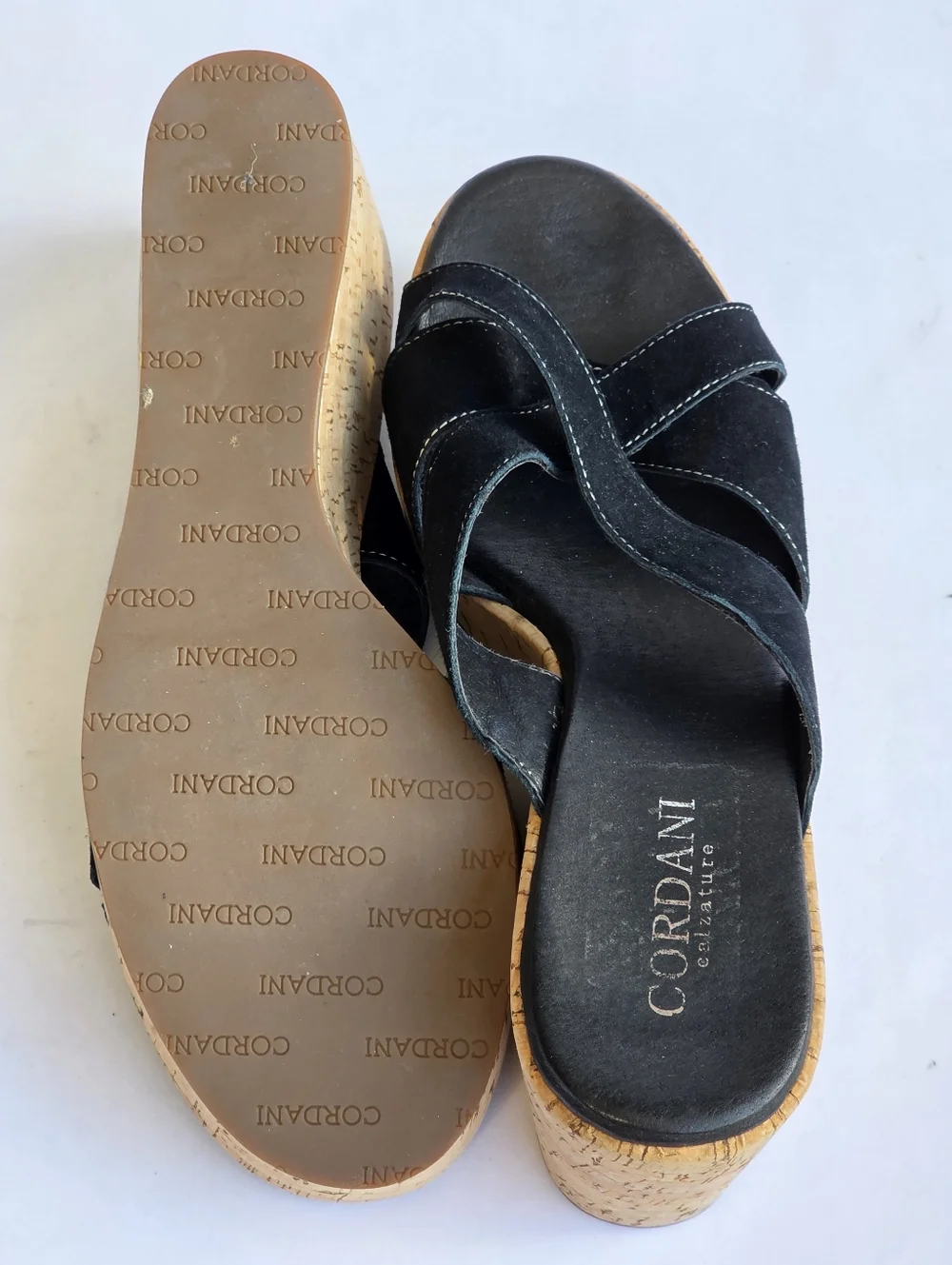 NEW Cordani Devon Black Suede Cork Platform Wedge Sandals - Size 9.5 /10
